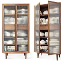 Wooden Sideboard With Glass Doors And Storage Shelves For Dishes And Bowls
