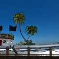 White Vintage Ship With Palm Trees And Decorative Flowers On Wooden Dock Under Blue Sky