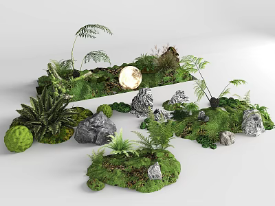 Lush Moss Decorative Scene With Rocks Ferns And Moon Elements 3d model