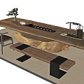 Natural Wooden Tea Table and Chairs with Tea Set Tray and Bench in Living Room