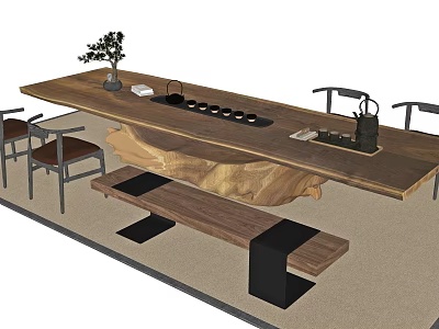 Natural Wooden Tea Table and Chairs with Tea Set Tray and Bench in Living Room 3d model
