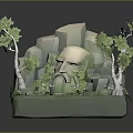 Wood And Stone Natural Decorative Scene With Trees Rocks Greenery And Small Flowers