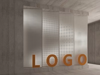 Perforated Metal Background Wall With Orange LOGO In Modern Concrete Interior Space 3d model