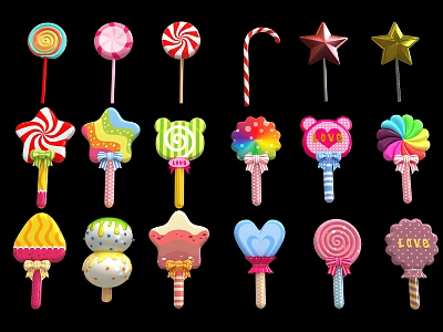 Colorful Lollipops And Decorative Candy Treats With Various Shapes And Designs 3d model