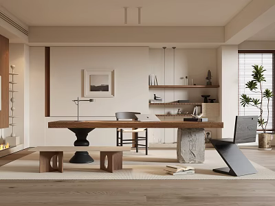 Minimalist Study Room Interior With Wooden Desk Shelves And Plants 3d model