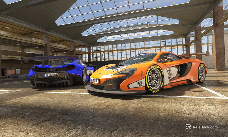 Blue and Orange Sports Race Cars Parked in Indoor Garage with Glass Roof and Windows 3d model 
