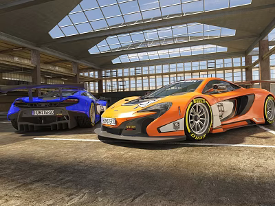 Blue and Orange Sports Race Cars Parked in Indoor Garage with Glass Roof and Windows 3d model
