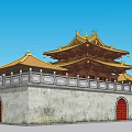 Ancient Architecture Hall Featuring Yellow Roof Side Pavilions Red Arched Gate And Blue Sky