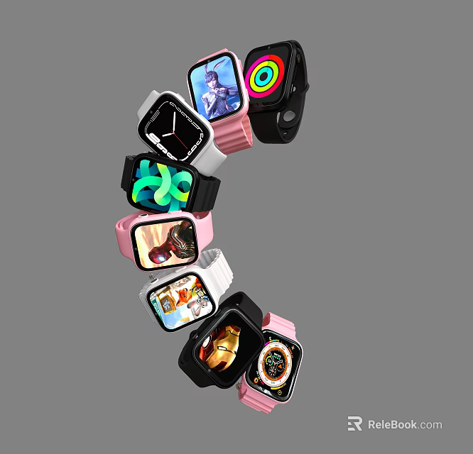 Various Stylish Smartwatches With Different Color Cases And Digital Screen Displays 3d model 