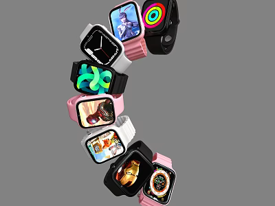 Various Stylish Smartwatches With Different Color Cases And Digital Screen Displays 3d model