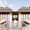 Beachfront Guesthouse Building With Wooden Deck Deck Chairs Large Windows Palm Trees And Ocean View