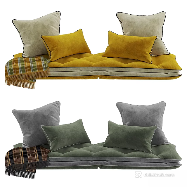 Colorful Decorative Pillows with Yellow Gray and Green Cushions and Plaid Blanket 3d model 