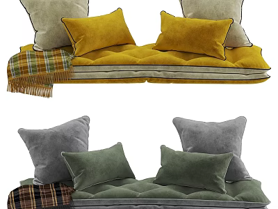 Colorful Decorative Pillows with Yellow Gray and Green Cushions and Plaid Blanket 3d model