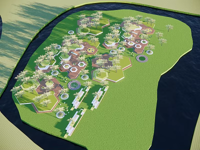 Park Landscape Design With Circular Green Areas Lush Vegetation And Water Features 3d model