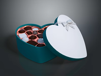 Carved Heart Shaped Chocolate Box Design With Decorative Bow And Chocolate Assortment 3d model