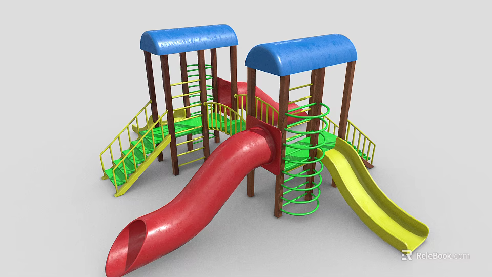 Colorful Playground Equipment with Blue Canopies Red Yellow Slides Green Spiral Ladder and Yellow Stairs 3d model 