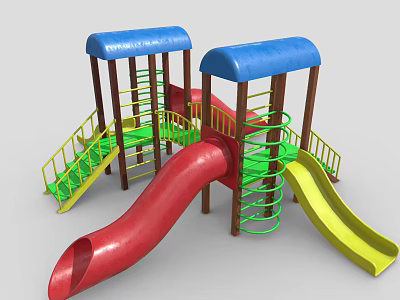 Colorful Playground Equipment with Blue Canopies Red Yellow Slides Green Spiral Ladder and Yellow Stairs 3d model
