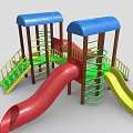 Colorful Playground Equipment with Blue Canopies Red Yellow Slides Green Spiral Ladder and Yellow Stairs