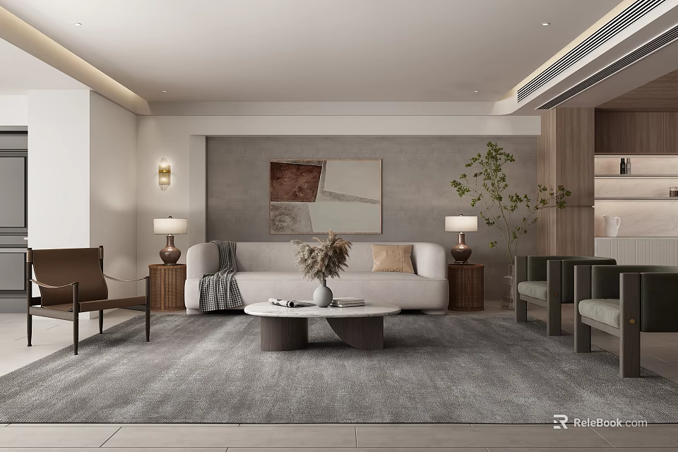 Modern Neutral Toned Living Room With Comfy Sofa And Round Marble Coffee Table And Tasteful Decor 3d model 