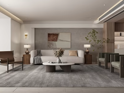 Modern Neutral Toned Living Room With Comfy Sofa And Round Marble Coffee Table And Tasteful Decor 3d model