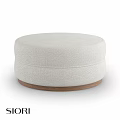 Round Beige Ottoman With Soft Fabric Upholstery And Wooden Base Modern Design