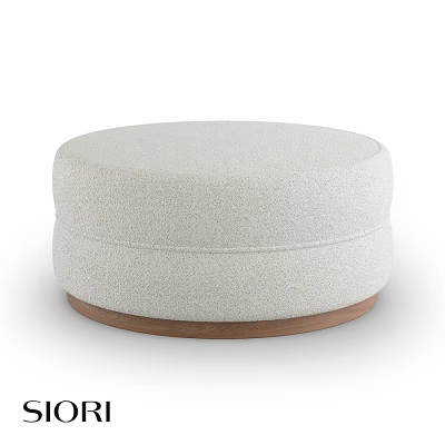 Round Beige Ottoman With Soft Fabric Upholstery And Wooden Base Modern Design 3d model