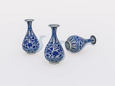 Three Blue and White Ceramic Vases With Traditional Ornate Floral Patterns 3d model