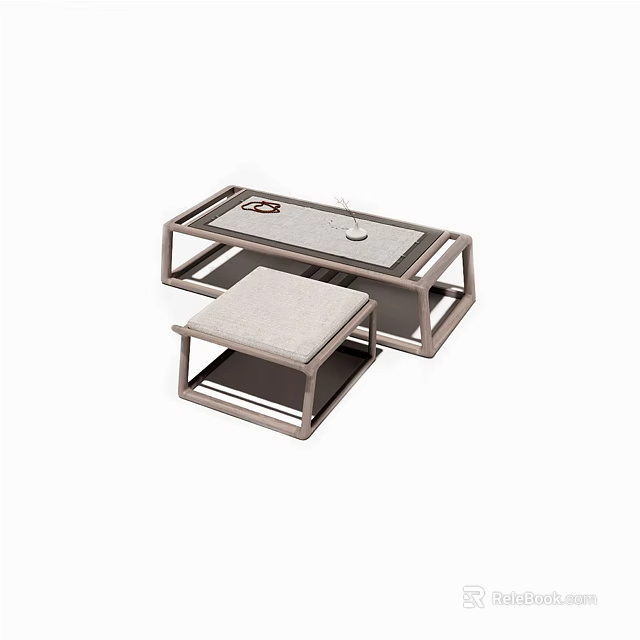 Modern Nested Coffee Table Set With Glass Top Wooden Frame And Fabric Ottoman 3d model 