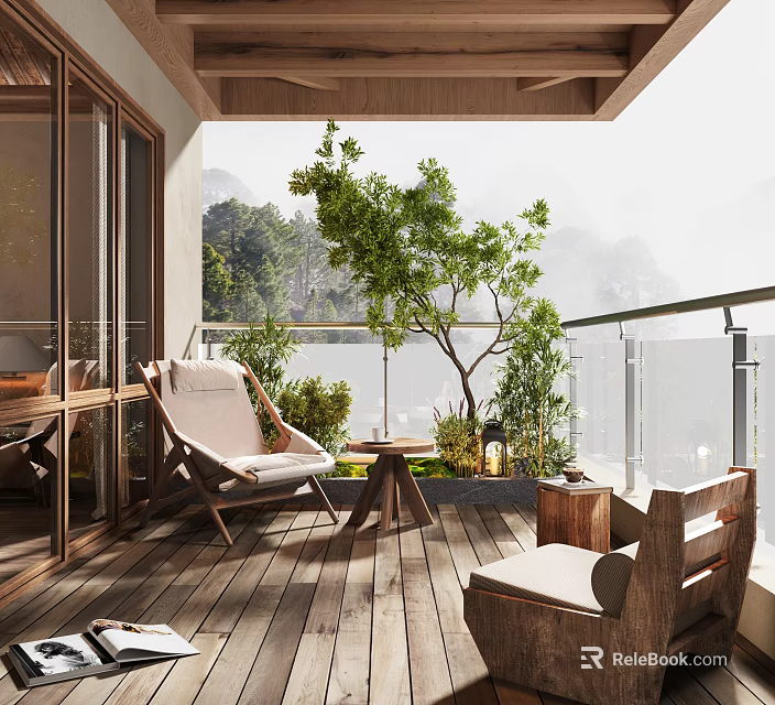 Cozy Home Balcony With Wooden Floor Outdoor Seating Green Plants Glass Railing And Mountain View 3d model 