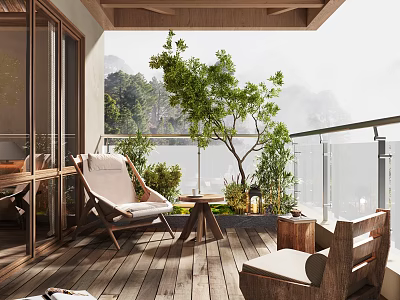 Cozy Home Balcony With Wooden Floor Outdoor Seating Green Plants Glass Railing And Mountain View 3d model