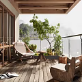 Cozy Home Balcony With Wooden Floor Outdoor Seating Green Plants Glass Railing And Mountain View