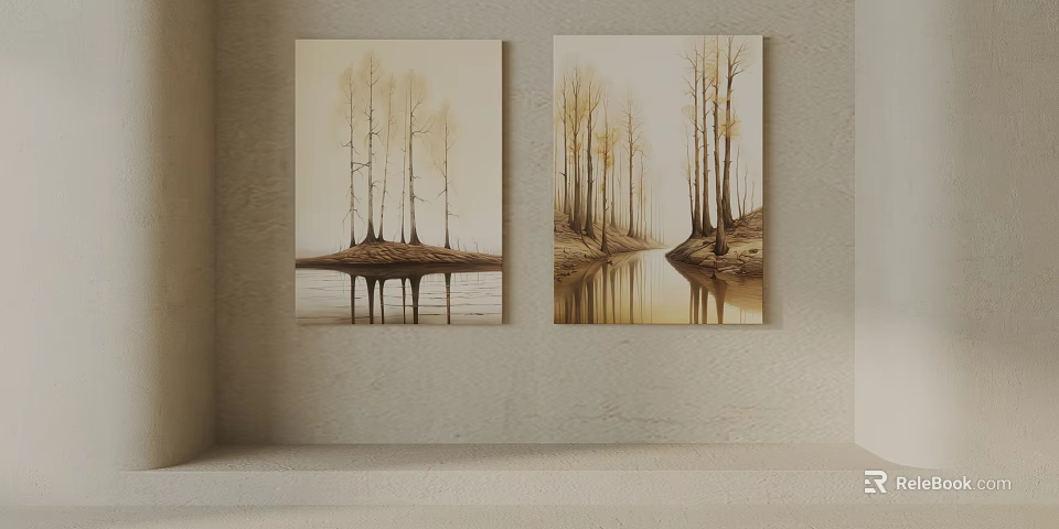Two Nature Paintings With Trees And Water Reflection On Light Wall 3d model