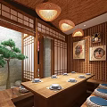Traditional Japanese Tatami Private Room With Wooden Structure Long Table Tatami Seats And Decorative Paintings