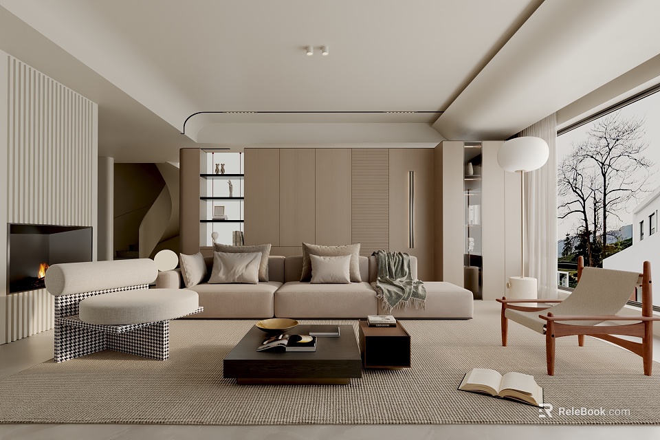 Modern Living Room Interior Design With Sofa Coffee Table Rug And Floor-to-Ceiling Window 3d model 