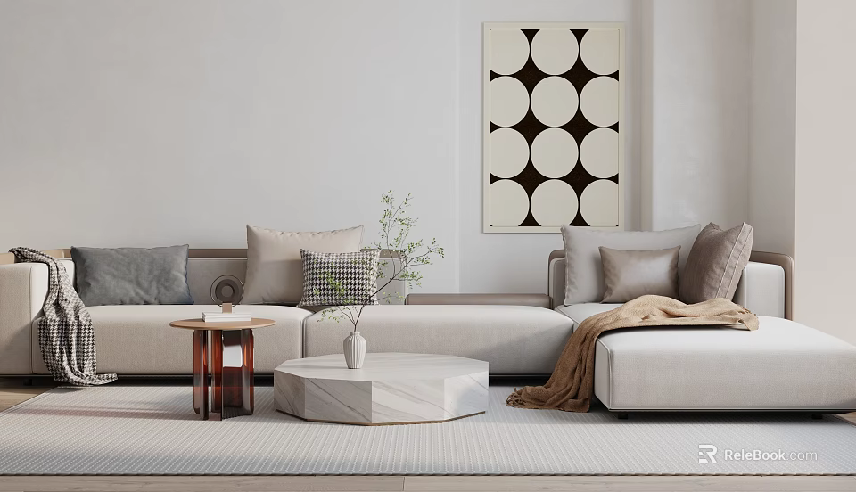 Modern Beige Sectional Sofa With Decorative Pillows Throw Blanket And Geometric Wall Art 3d model 