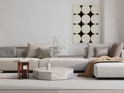 Modern Beige Sectional Sofa With Decorative Pillows Throw Blanket And Geometric Wall Art 3d model