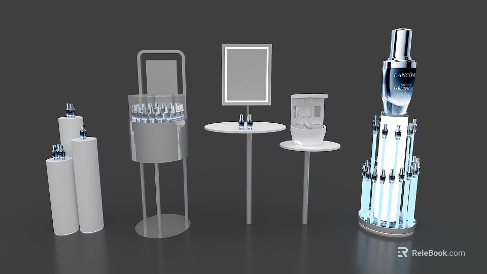 Display Shelves For Skincare Products With Round Mirrored Lighted Stands 3d model 