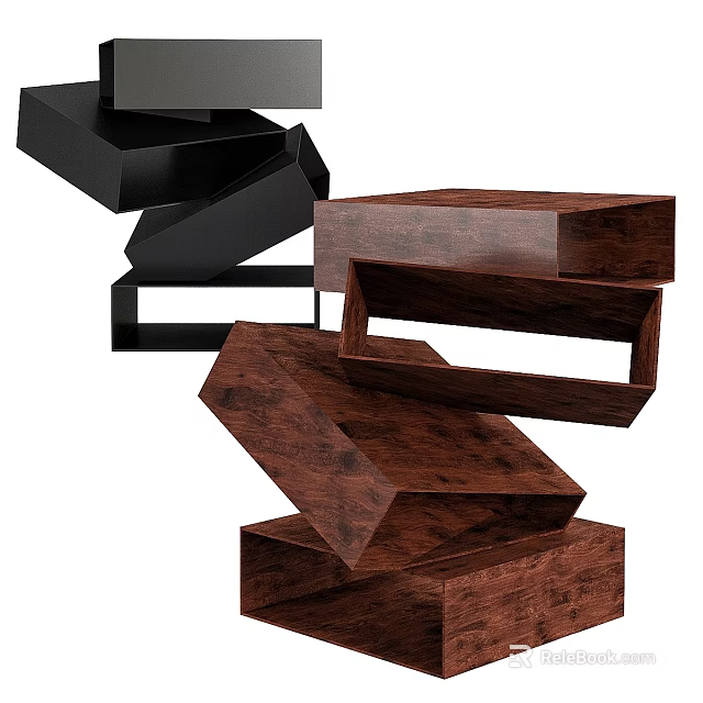 Modern Functional Desk With Wooden And Black Elements Layered Modular Structure Geometric Shapes 3d model 