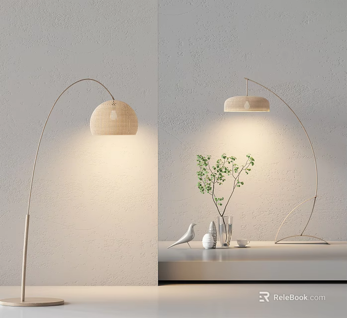 Arched Arm Floor Lamp With Woven Lampshade Soft Lighting And Decorative Table Elements 3d model 