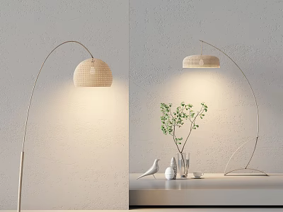 Arched Arm Floor Lamp With Woven Lampshade Soft Lighting And Decorative Table Elements 3d model