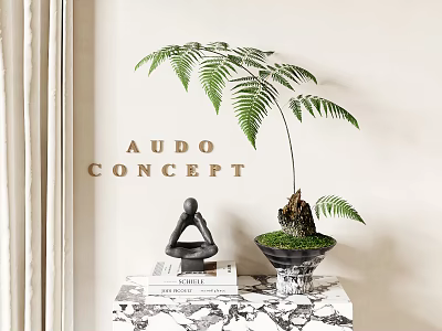 Fern Bonsai Plant Decor With Black Meditating Statue On Books And Marble Base 3d model