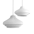 Two Modern Ribbed Clear Glass Pendant Lights Hanging With Warm Glow