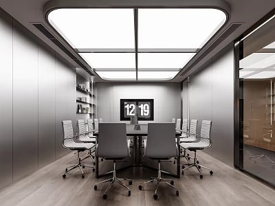 Modern Conference Room Interior With Gray Walls Meeting Table Chairs Ceiling Lights And Clock 3d model