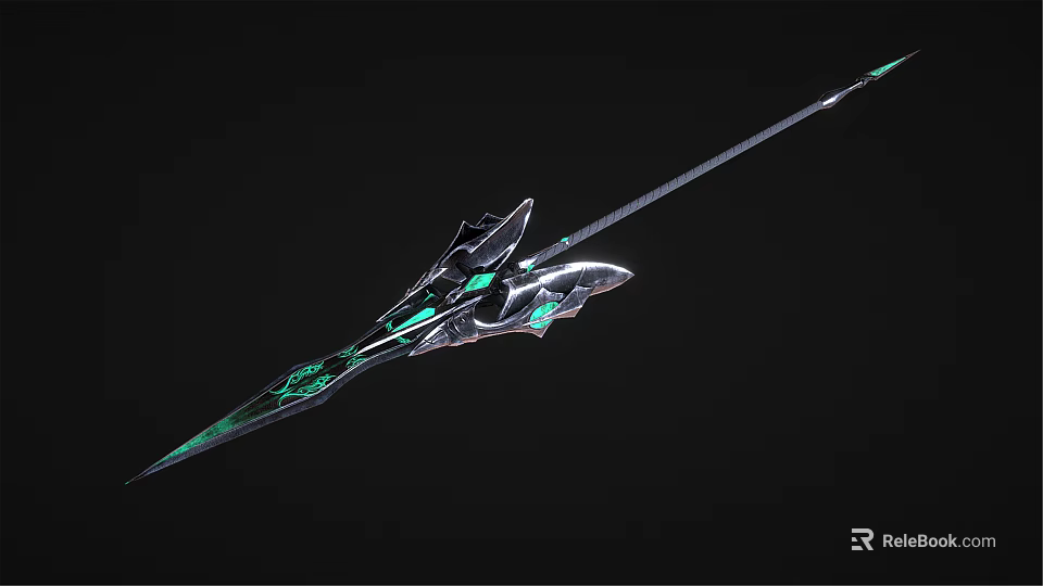 Silver Spear With Green Glowing Elements Unique Metallic Structure And Sharp Blade 3d model 