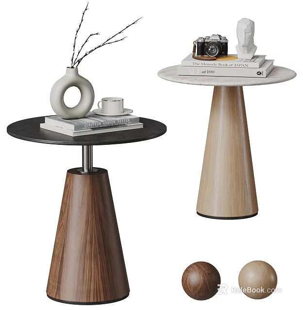 Modern Wooden Side Tables With Conical Bases And Decorative Vase Coffee Cup Books Camera 3d model 