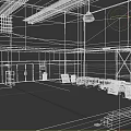 Industrial Warehouse Interior With Gray Walls Yellow Metal Shelf Wooden Crates And Blue Barrels