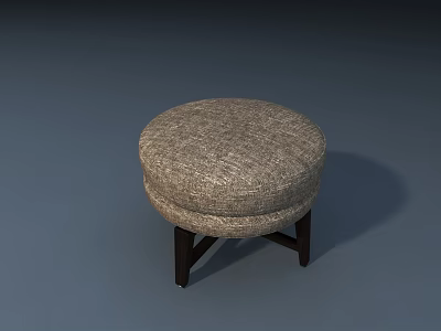 Round Upholstered Ottoman with Woven Fabric Seat and Dark Wooden Legs 3d model