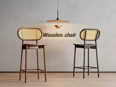 Wooden Bar Stools with Wicker Backrest Brown and Black Against Gray Wall with Pendant Light 3d model