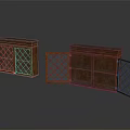 Brown Wooden Cabinets With Lattice Glass Doors One Closed And One Open On Reflective Floor