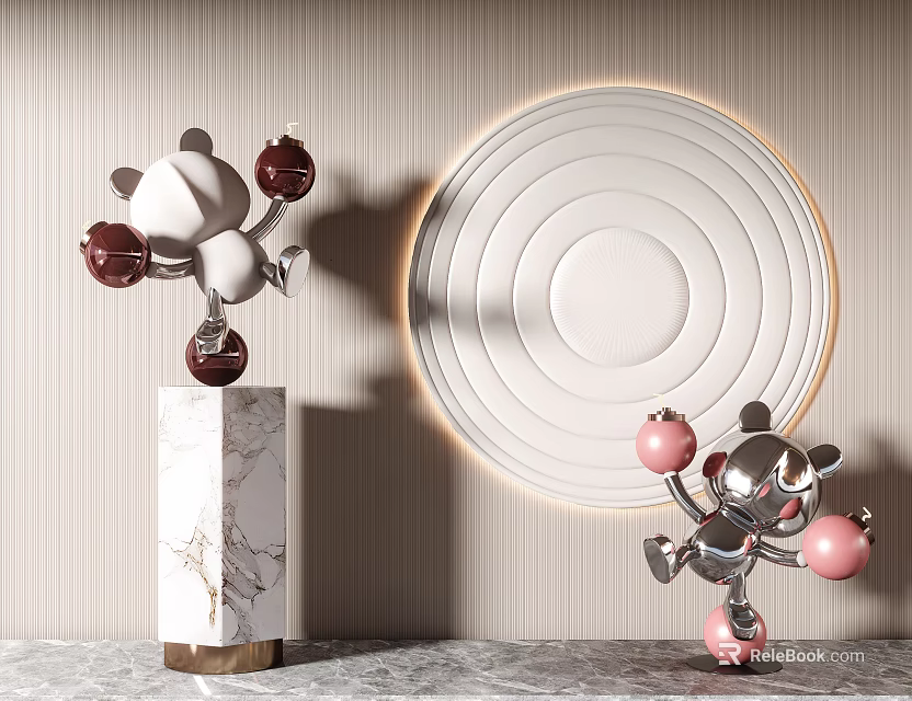 Silver And White Sculptures With Red Pink Balls On Marble Pedestal And Circular Wall Decor 3d model 